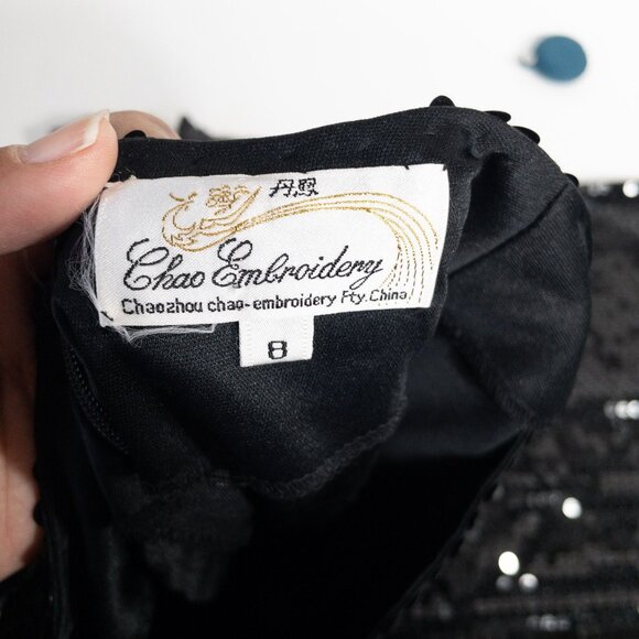 Vintage Black Sequin Peplum Long Sleeve Dress By Chaozhou Hand Stitched Embroide - Picture 10 of 11